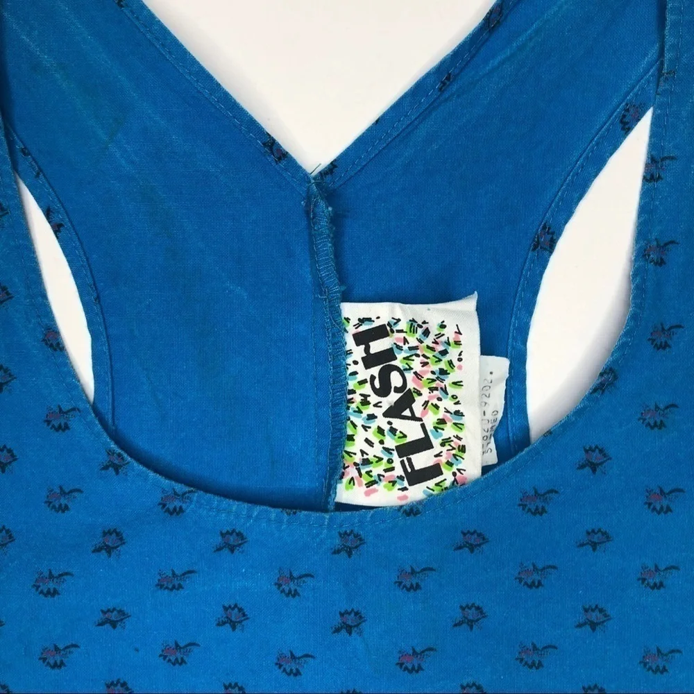 Vintage Crop Boxy Top Racer Back Bright Blue Graphic Tank by Flash Sz M 80’s 90s